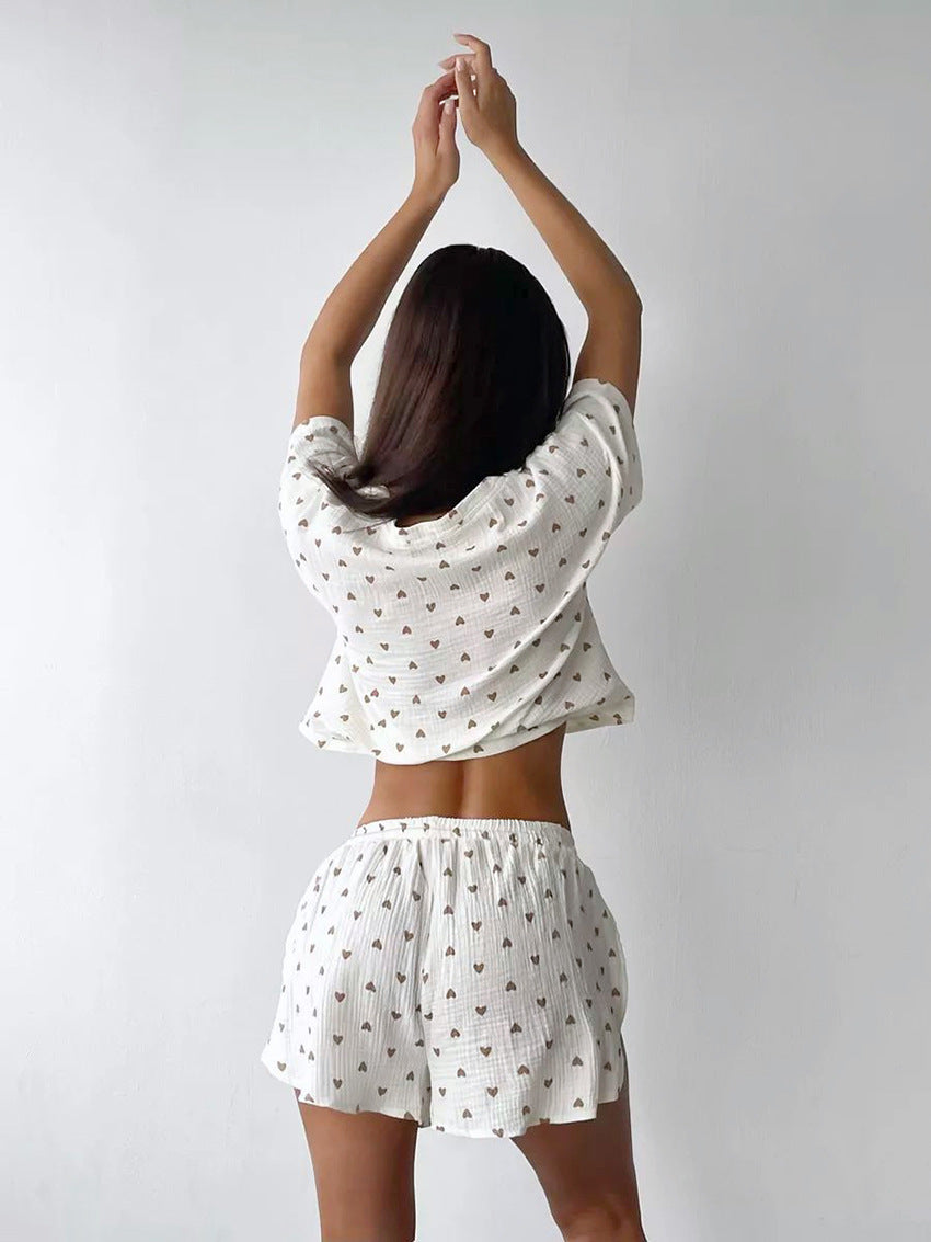White cotton linen summer pajama set with small heart patterns and slit shorts