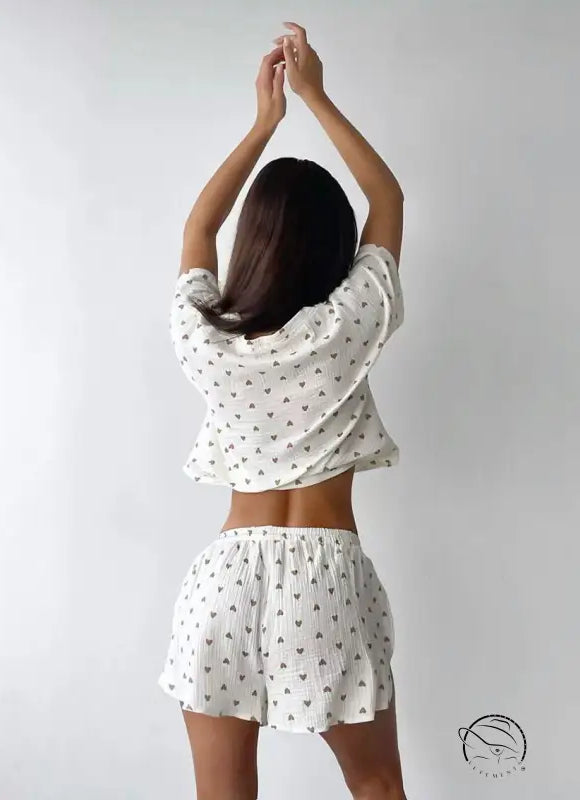 White summer cotton linen pajama set with heart patterns and slit shorts