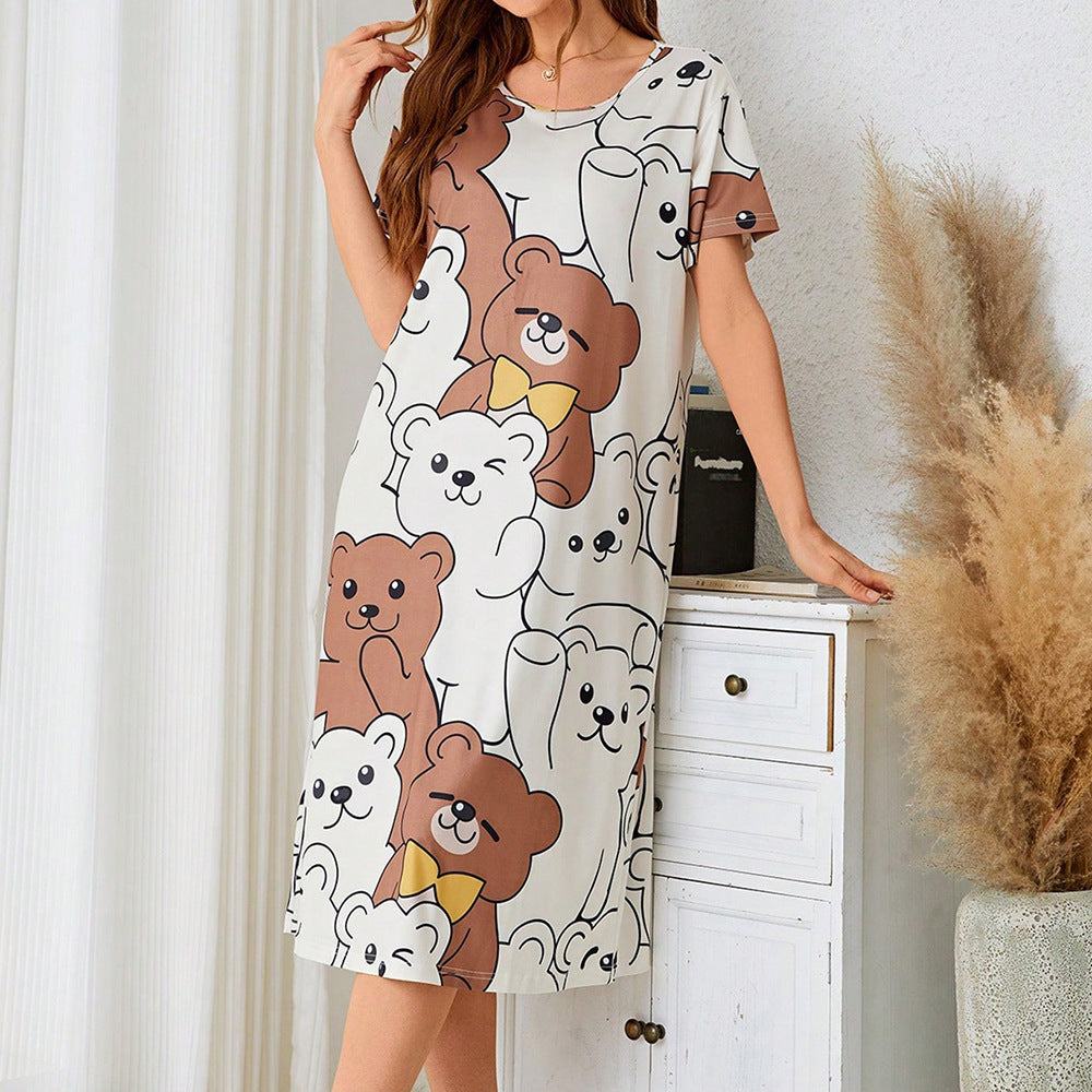 White short-sleeve pajamas dress home wear with all-over brown and white teddy bear print