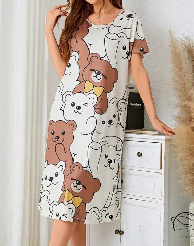 White short-sleeve pajamas dress home wear with teddy bear print