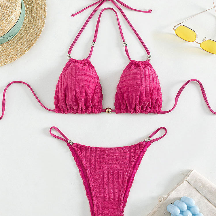 Pink textured Beach Beauty Bikini with solid color backless high waist design