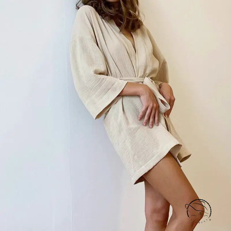 Pure cotton casual nightgown: beige short-sleeved robe with tied waist