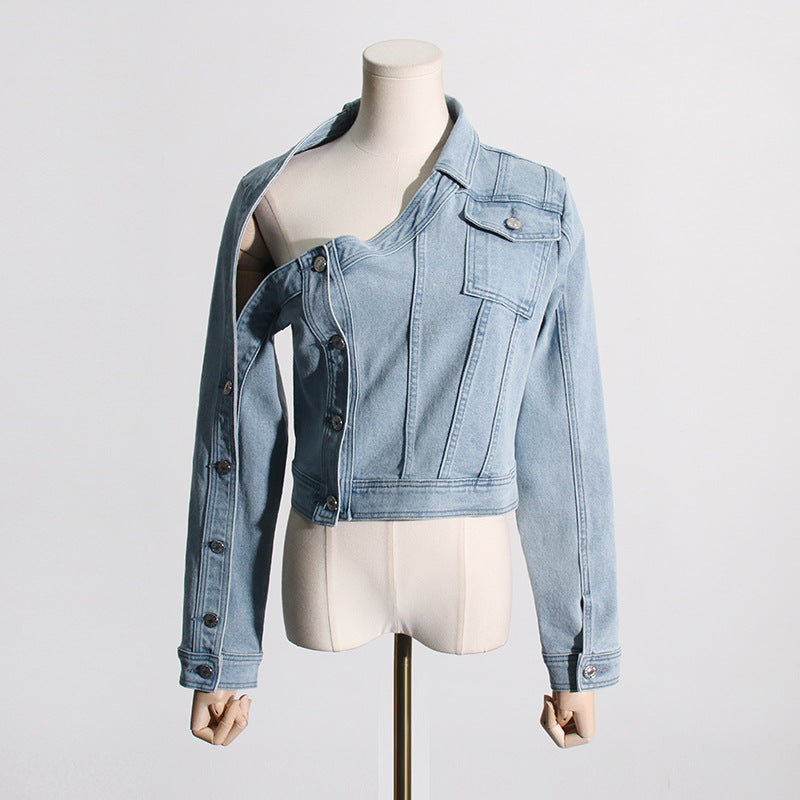 Light blue denim jacket with off the shoulder design, perfect for fashion trends