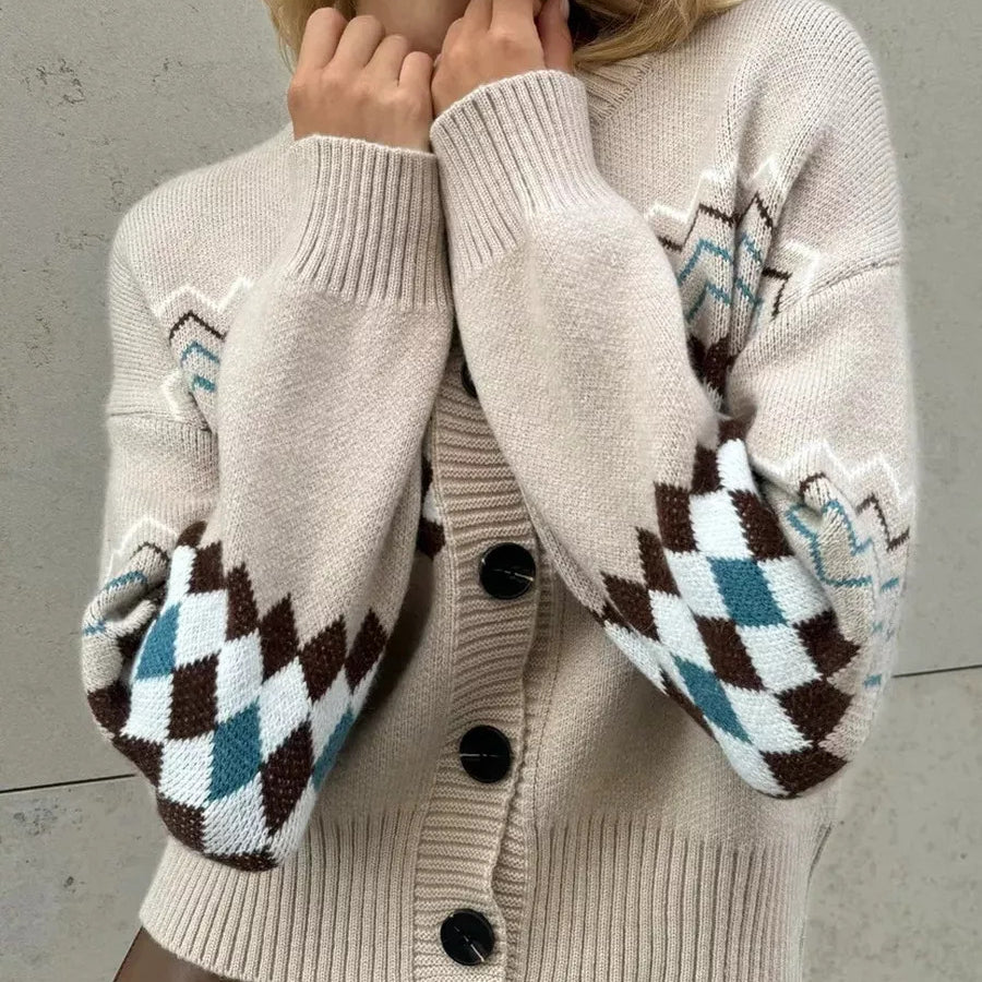 Beige Jacquard Knitted Cardigan Sweater with diamond pattern sleeves for regular sleeve fashion