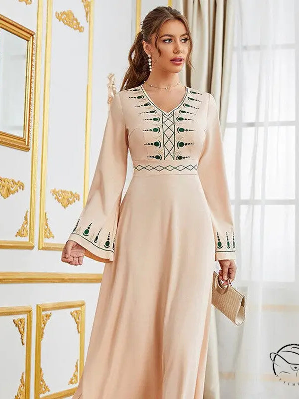 Elegant V-neck high-waist long swing dress in beige with green embroidery