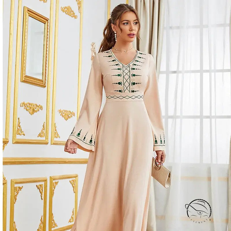 Elegant V-neck high-waist long swing dress in beige with green embroidery