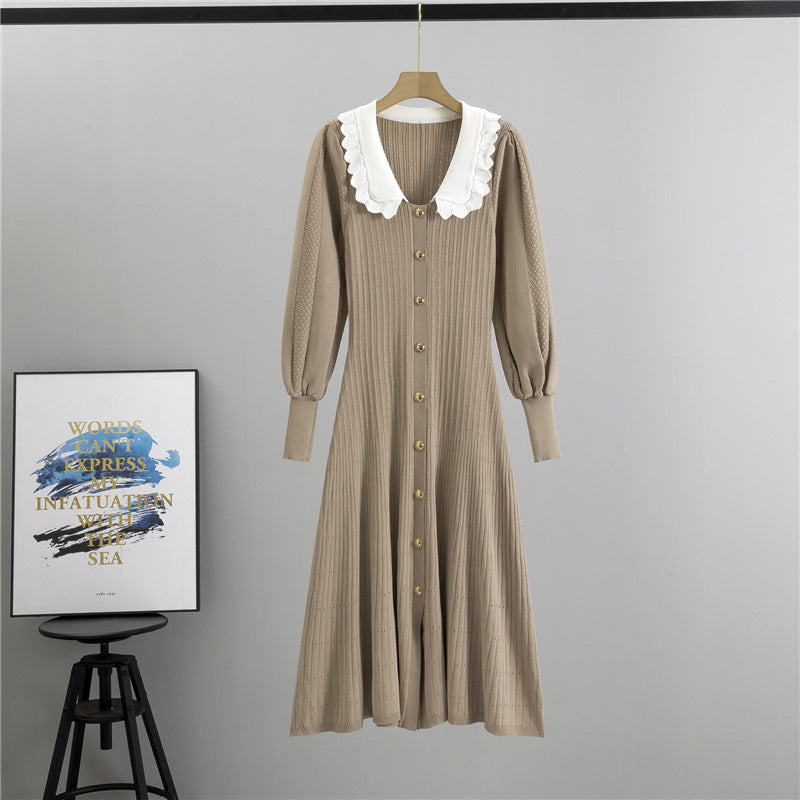 Beige ribbed knit dress with lace collar, perfect for winter fashion in ملابس