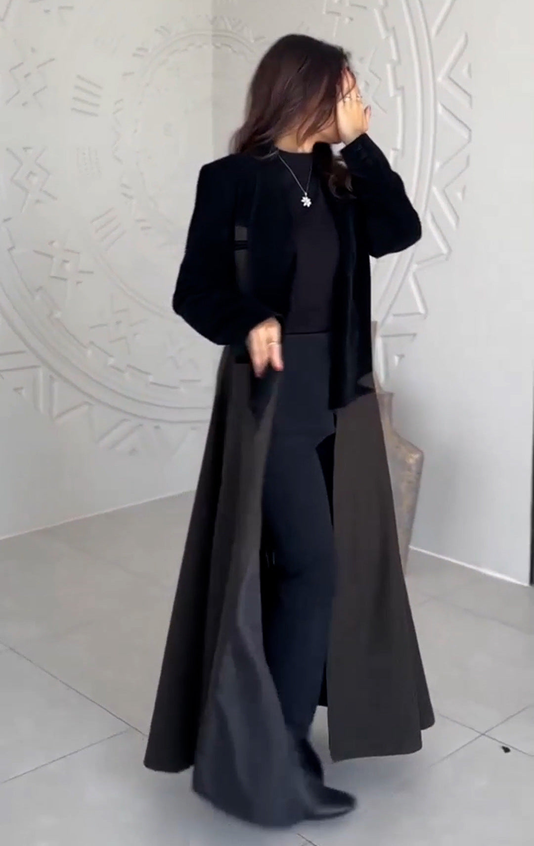 Black velvet langry fashion coat with asymmetrical hemline