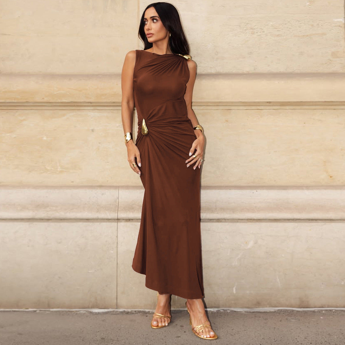 Elegant slim sheath sleeveless dress in brown satin with gold embellishments and high heels from Langry fashion ملابس