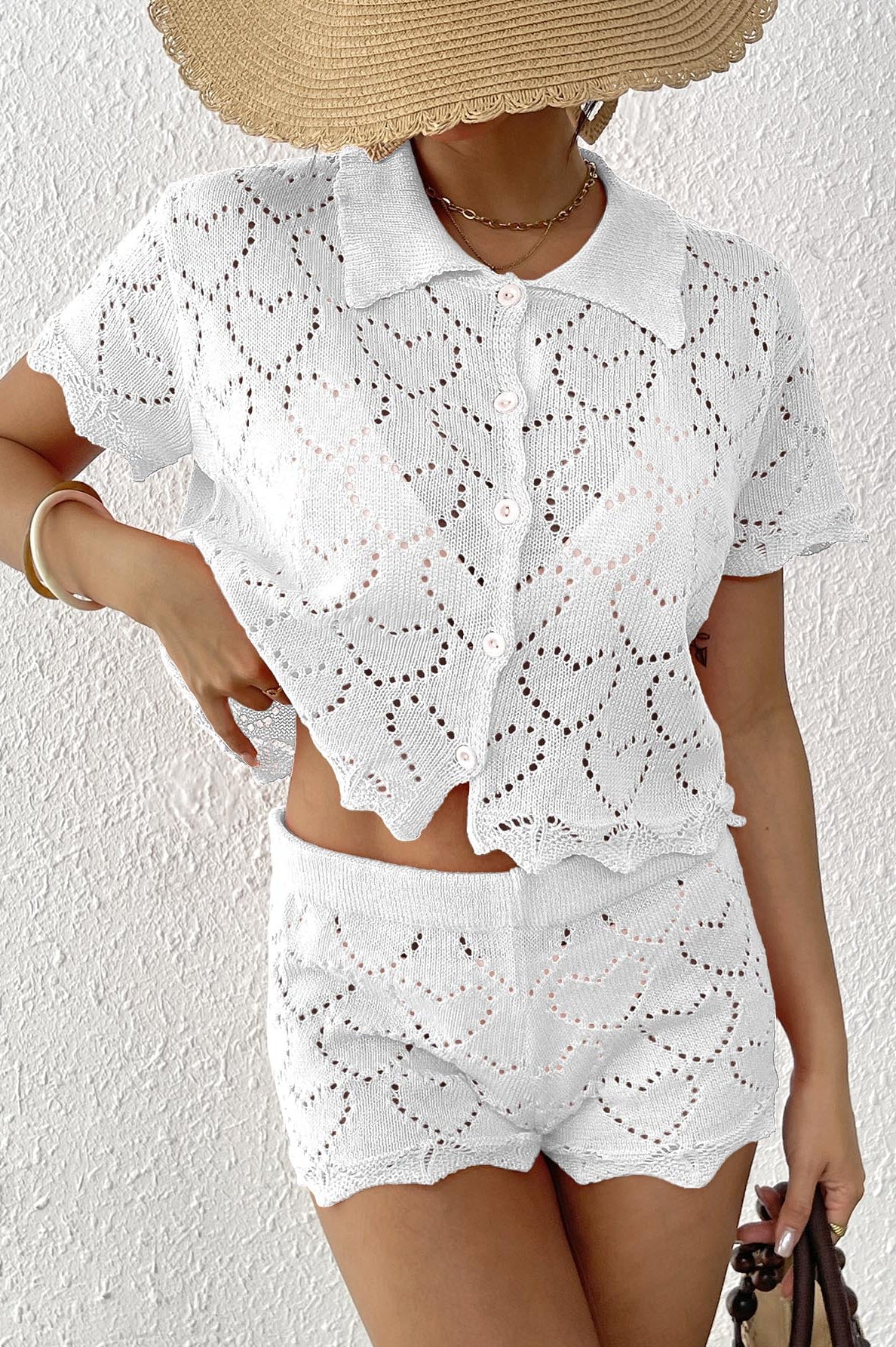 White knit heart-patterned shorts and button-down shirt set with long sleeve length fashion