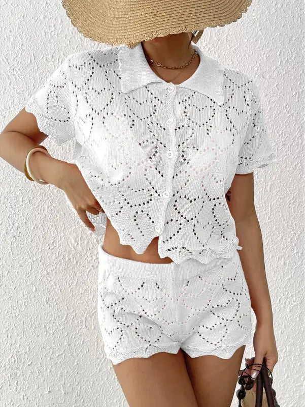White knit heart-patterned shorts and shirt from Beautiful Beach Sets