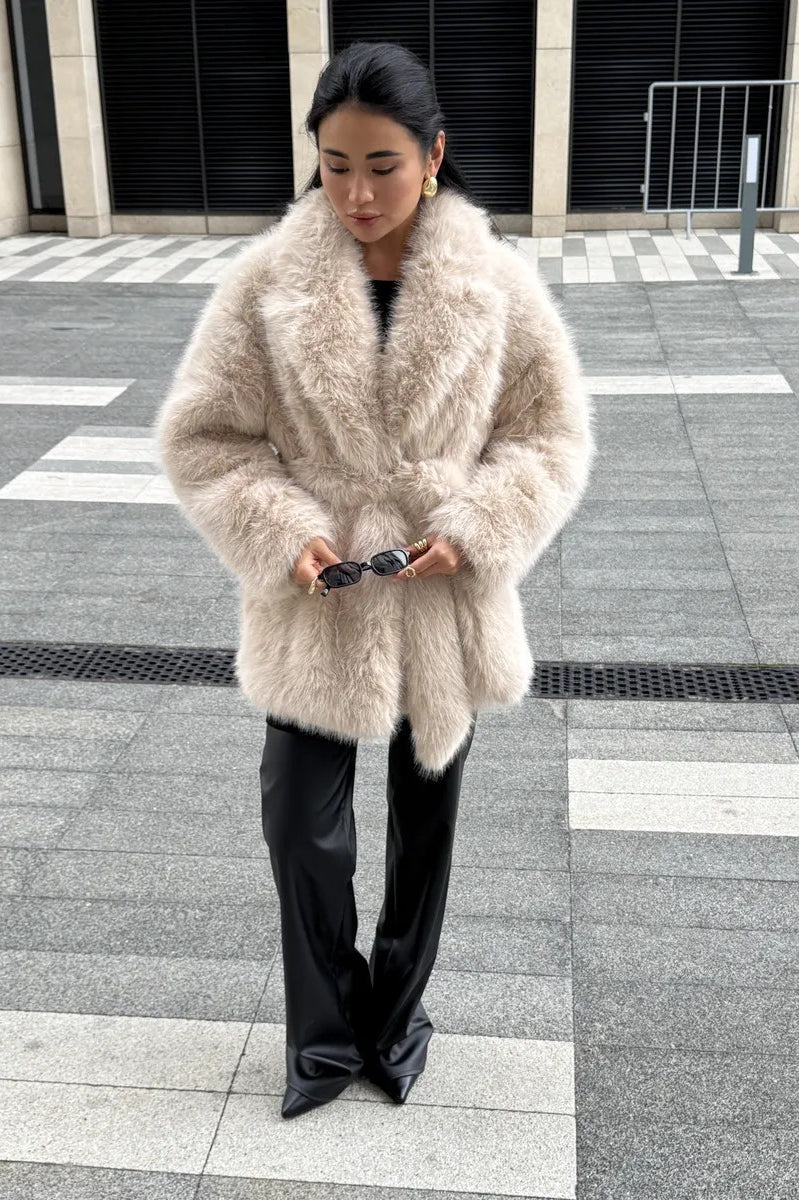 Oversized cream faux fur coat with black trim, Langry fashion