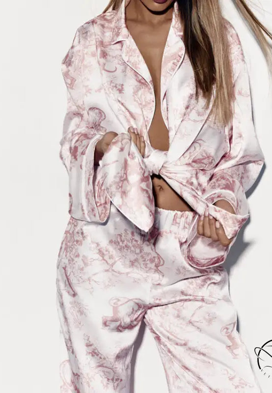 Pink floral silk langry pajama set with bow waist detail