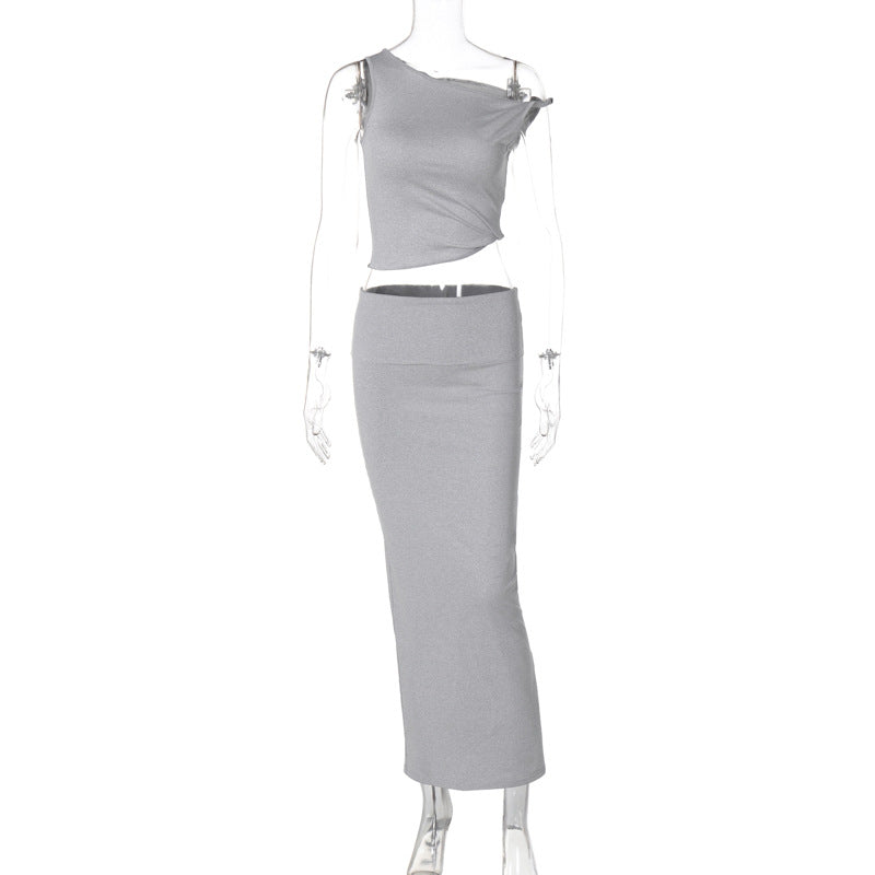 Grey two-piece langry set featuring a cropped tank top and fitted maxi skirt for women