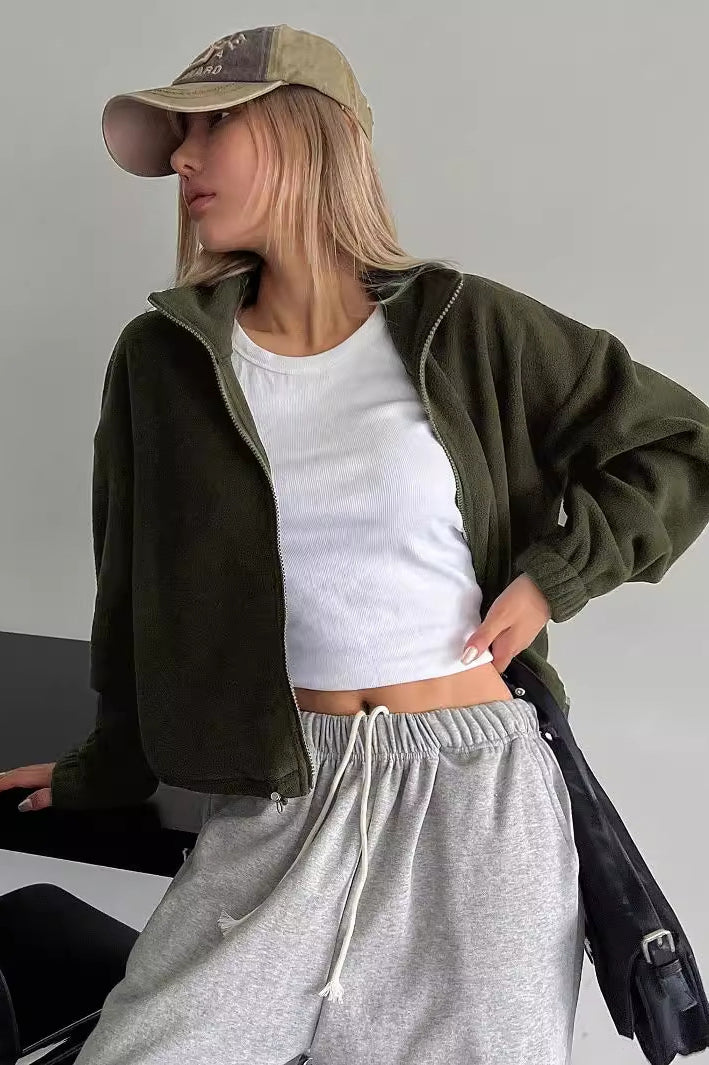 Cozy langry olive green high collar fleece jacket with ribbed cuffs