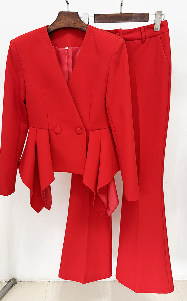 Gorgeous red peplum langry fashion blazer pants set with ruffles