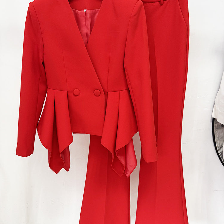 Gorgeous red peplum langry fashion blazer pants set with ruffles