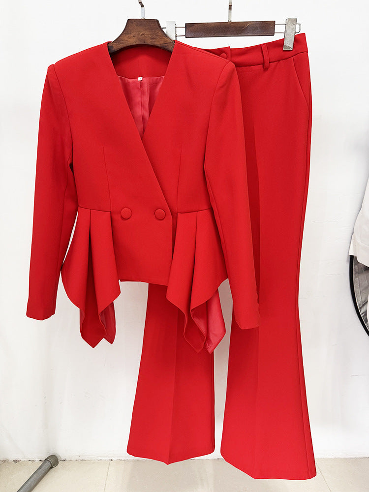 Gorgeous red peplum langry fashion blazer pants set with ruffles