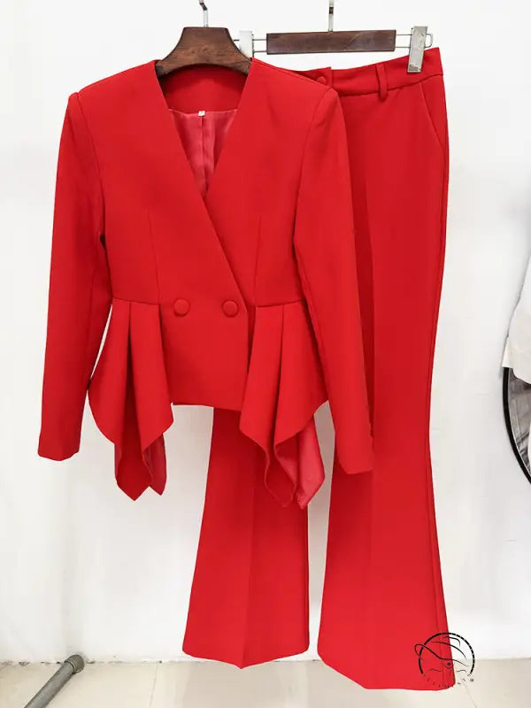 Gorgeous langry fashion slim peplum blazer pants set in red with ruffles