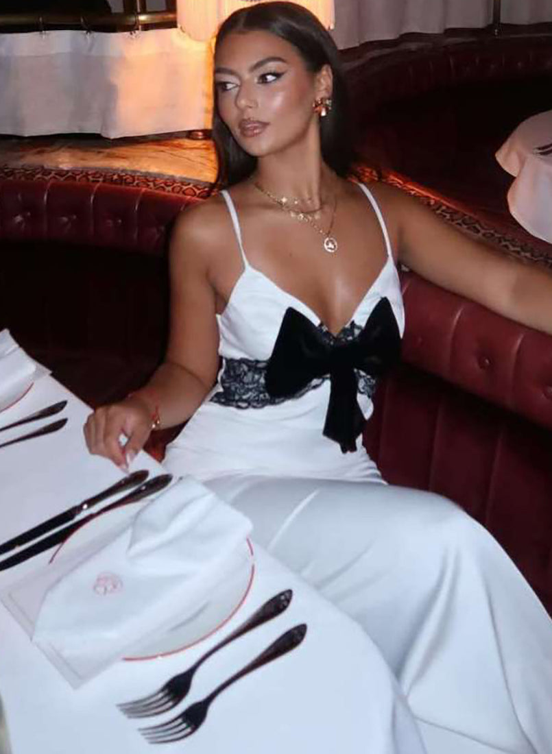 Elegant langry fashion slim fit backless white lace dress with black velvet bow