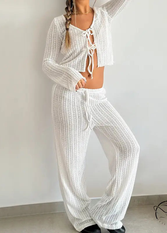 White ribbed knit langry fashion pajamas set with lace-up front