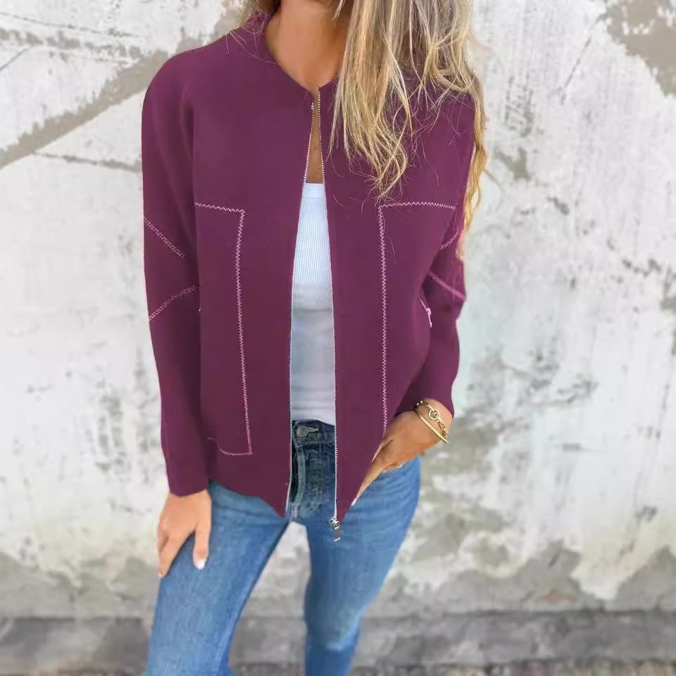 Burgundy casual zipper jacket with white stitching, stylish ملابس for langry fashion enthusiasts