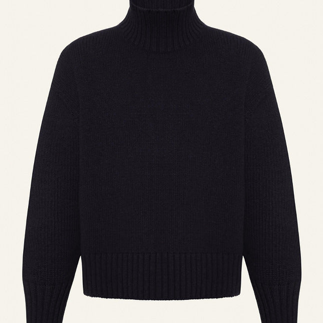 Langry black wool turtleneck sweater with ribbed cuffs, winter fashion knitwear