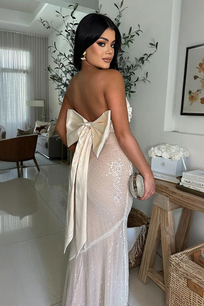 Sequin strapless gown with bow, part of the Amazing Satin Stitching Dress collection, fashion ملابس