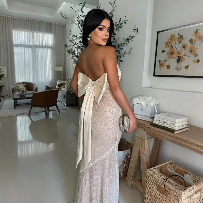 Amazing satin stitching dress with sequin strapless gown and bow