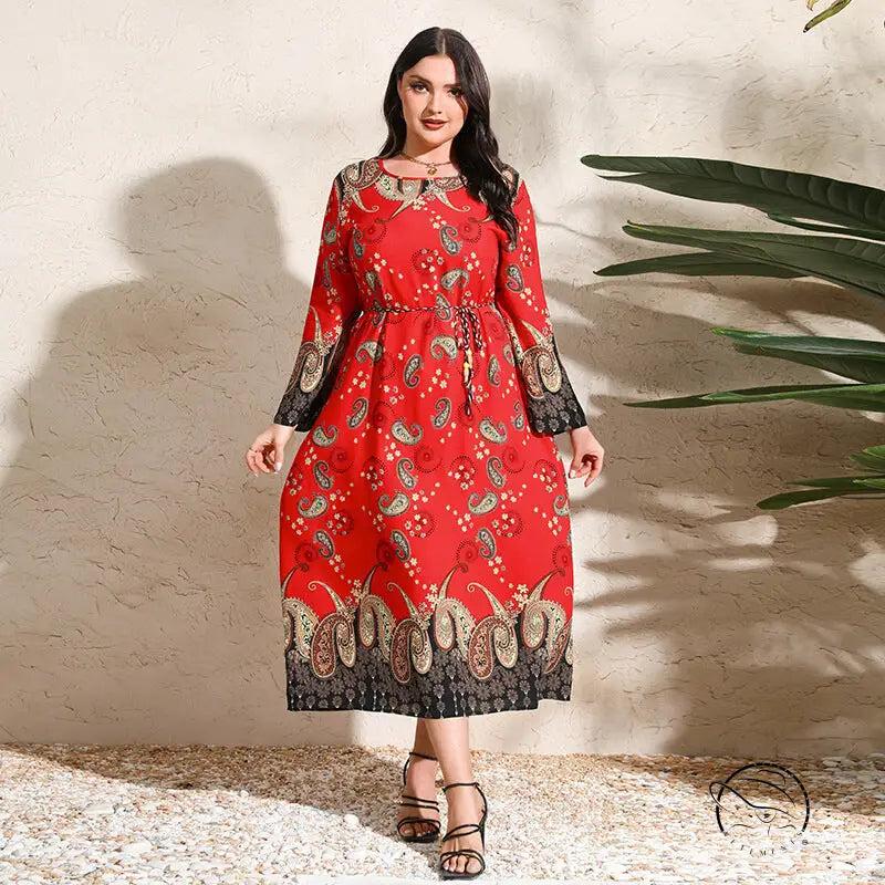 Ethnic Loose Maxi Dress Cashew Printed Long Sleeve
