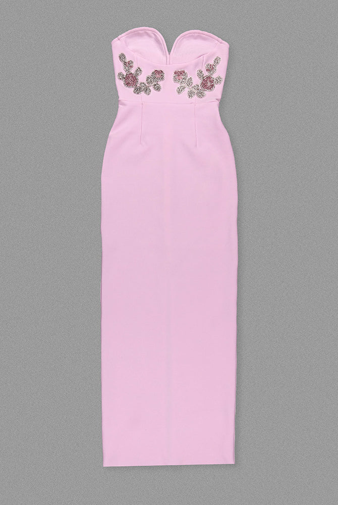 Elegant Pink Tube Top Maxi Dress featuring floral embellishments for fashionable events