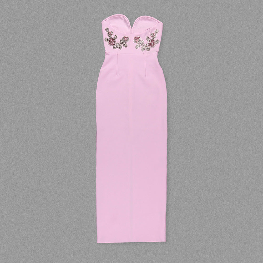 Elegant Pink Tube Top Maxi Dress featuring floral embellishments for fashionable events