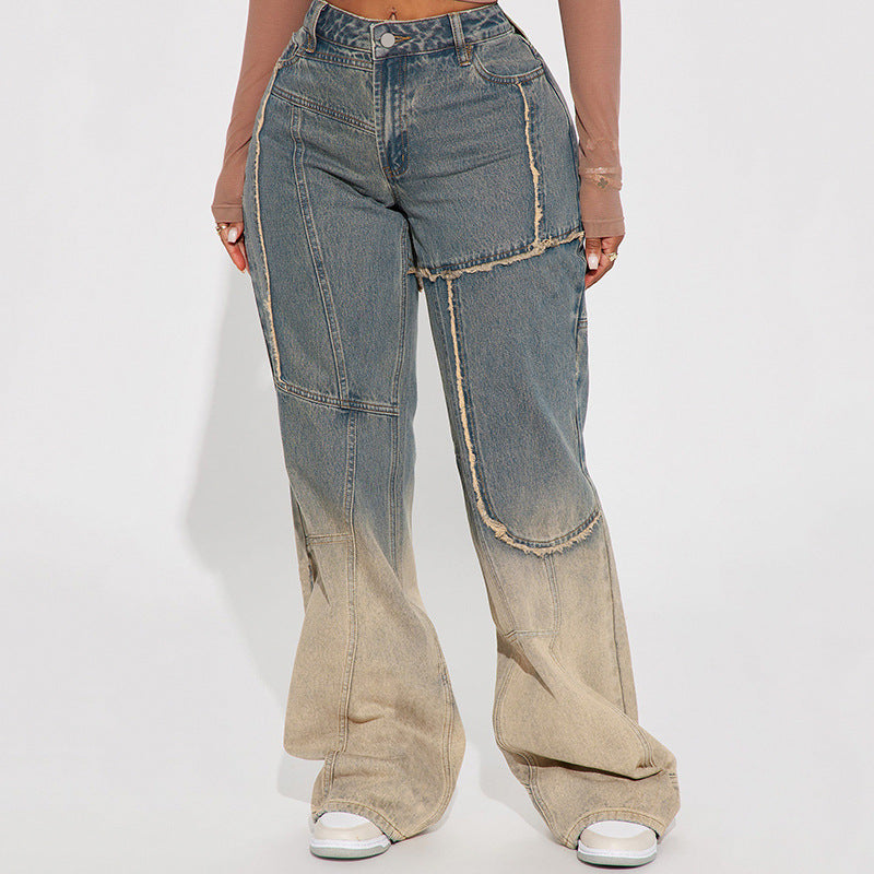 Distressed two-tone denim jeans from Frayed Washed Loose Jeans collection, stylish fashion ملابس