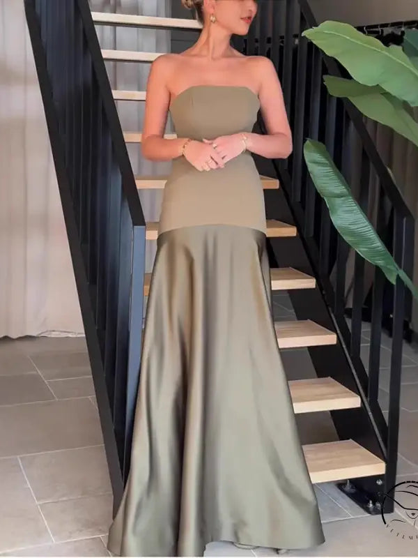Elegant strapless olive green satin dress in Langry fashion