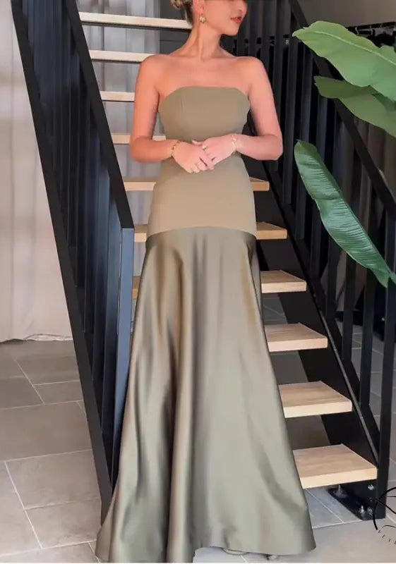 Elegant strapless olive green satin dress in Langry fashion