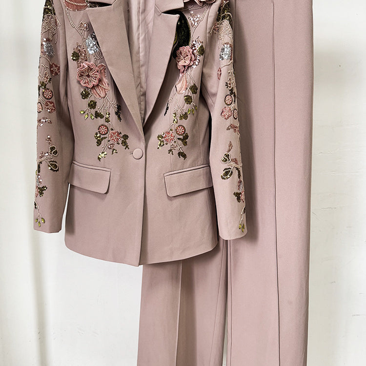 Elegant beige floral embroidered Langry fashion suit set with black lapels