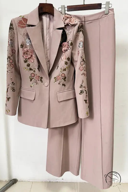 Elegant beige floral jacket coat set with black lapels and wide leg pants by Langry fashion