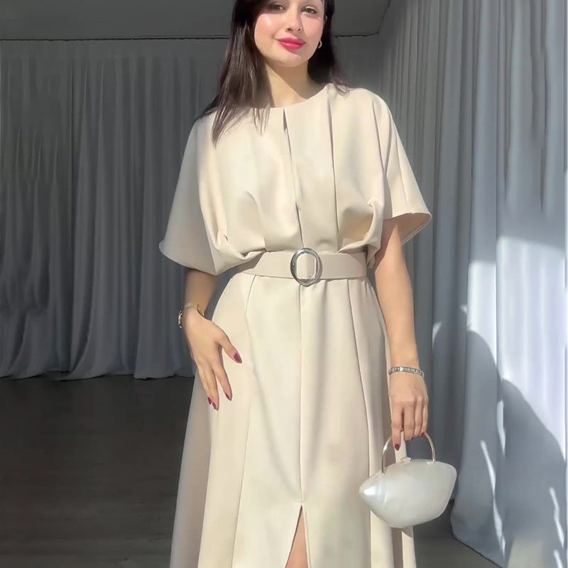 Beige Belt Slim Fit Maxi Dress featuring a stylish front slit for elegant fashion