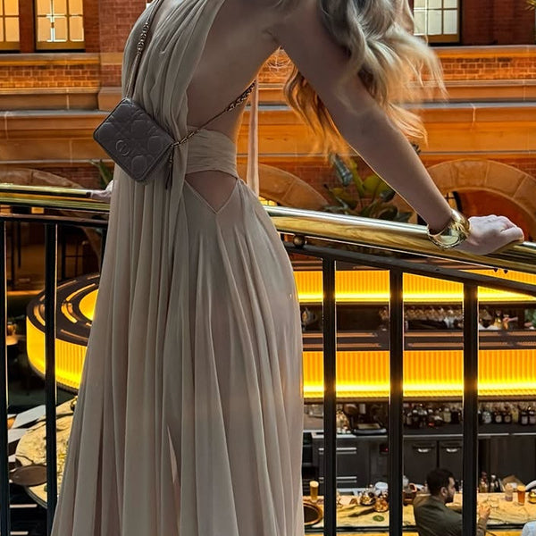 Elegant beige maxi dress from Enchanting Long Evening Dress, perfect for langry fashion and ملابس occasions