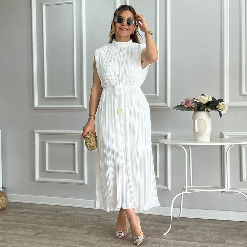 Elegant white pleated midi dress from Waist-Controlled Lace-up Mid Length Dress collection, perfect for fashion and ملابس