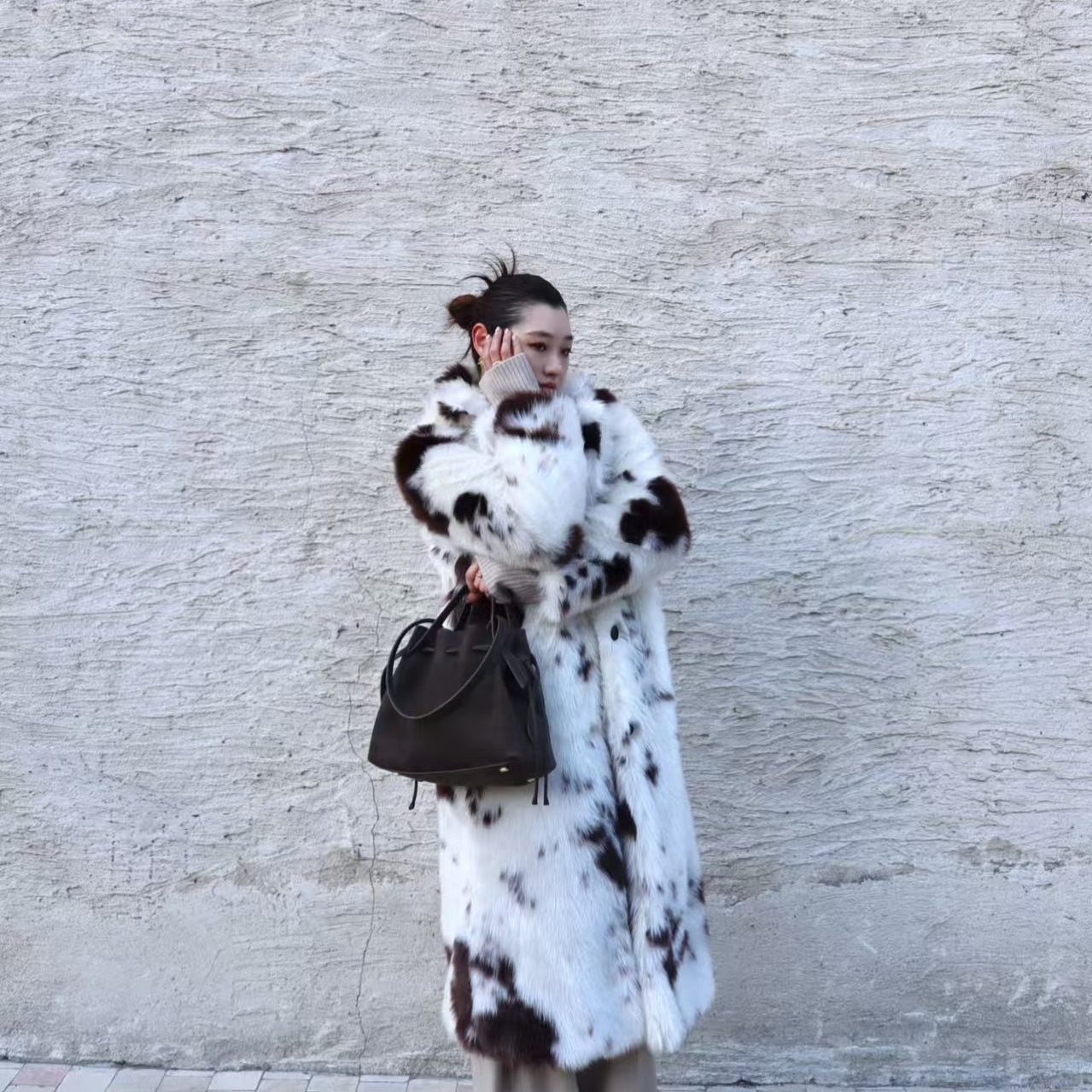 Prada classic long black and white faux fur coat for warm fashion