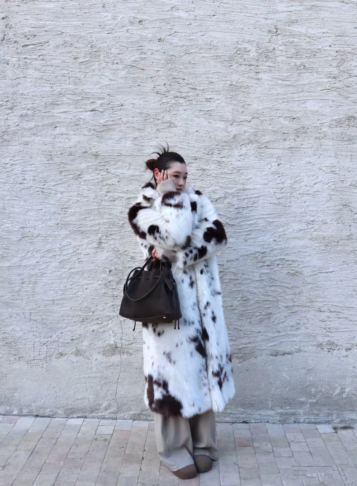 Prada classic long black and white faux fur coat for warm fashion