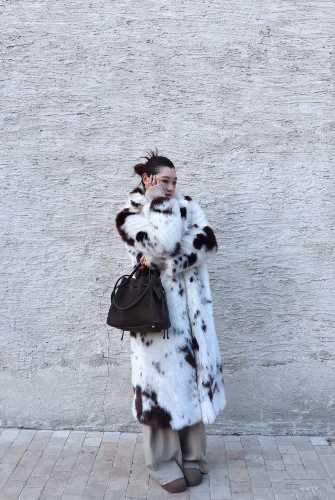 Prada classic long black and white faux fur coat for warm fashion