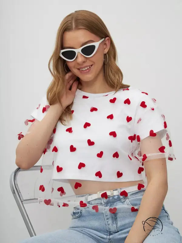 Elegant faux cotton short top with red heart pattern and sheer puff sleeves