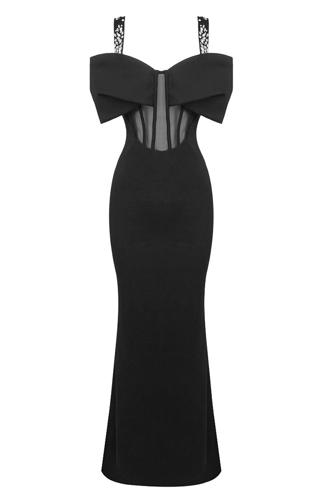 Black off-shoulder mermaid maxi dress with sheer corset detail and rhinestone accents