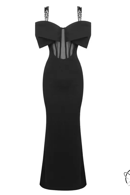 Black off-shoulder mermaid maxi dress with sheer corset detail