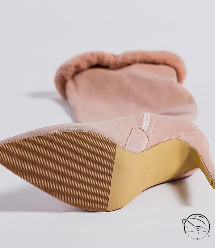 Pink faux fur-trimmed heel high leg boot with stiletto heels