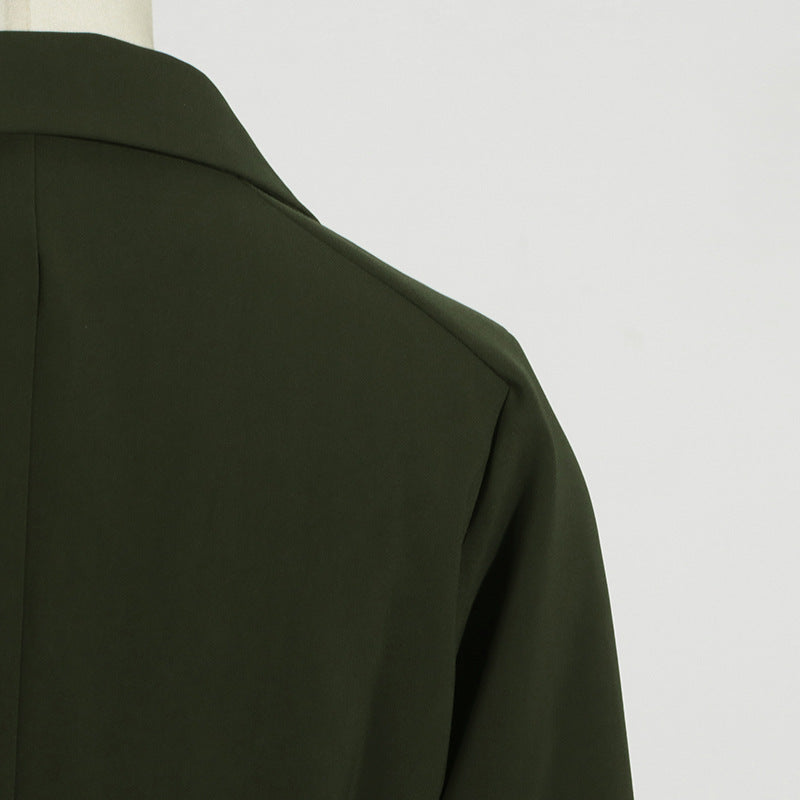 Dark green collared jacket featured in Casual Office Summer outfit with long sleeve pants set