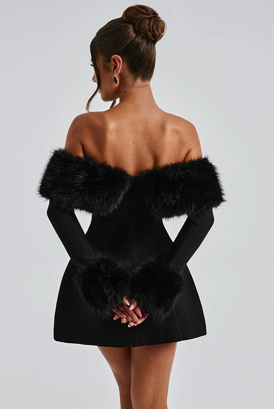 Elegant Black Off-The-Shoulder Dress with Fur Trim, ideal for Langry Fashion ملابس