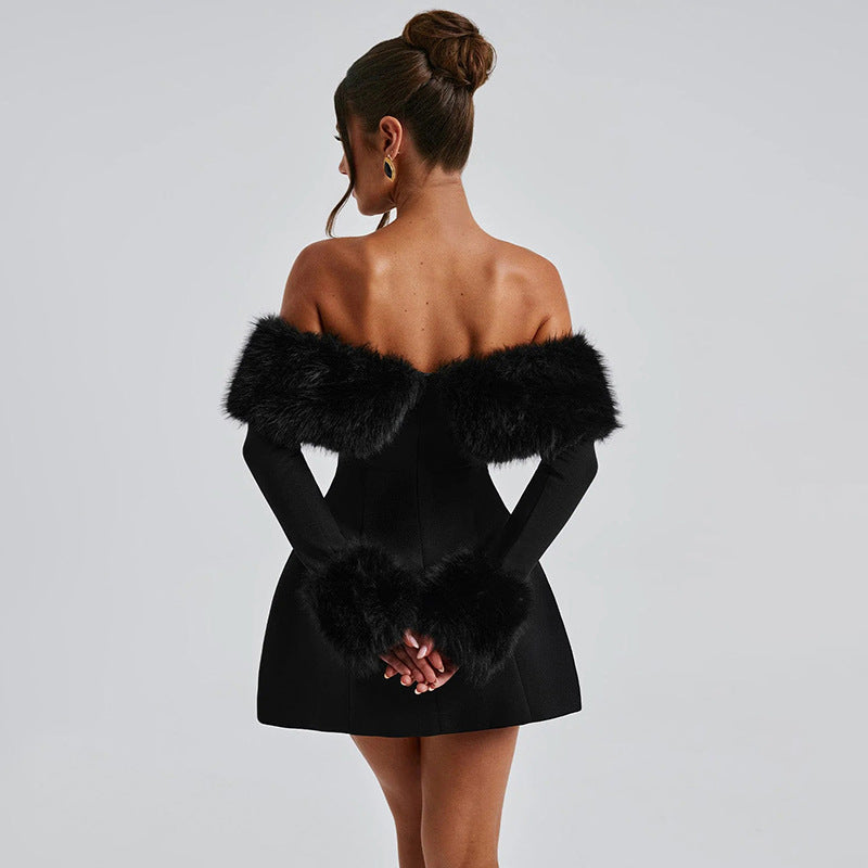 Elegant Black Off-The-Shoulder Dress with Fur Trim, ideal for Langry Fashion ملابس